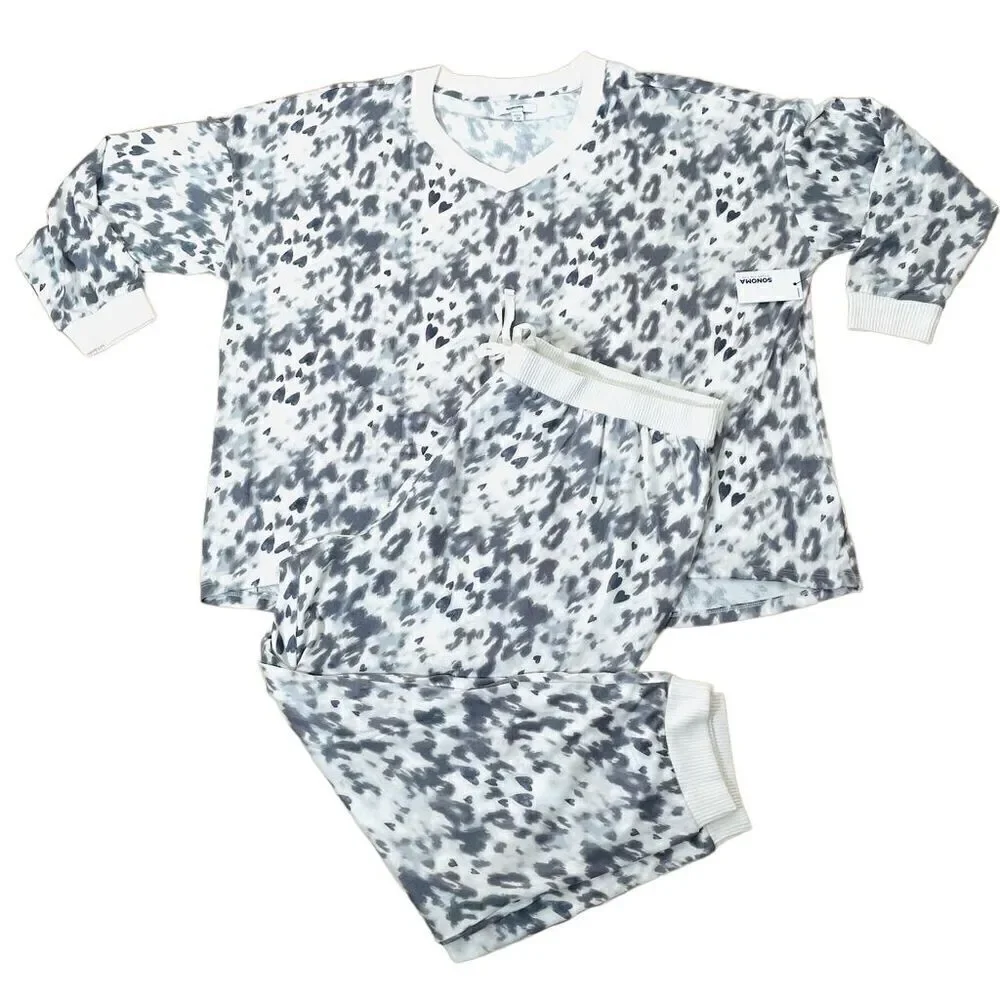 NWT Plus Size 3X Sonoma 2,Pc V-Neck Pajama Top & Pants Sleep Set Gray Leopard